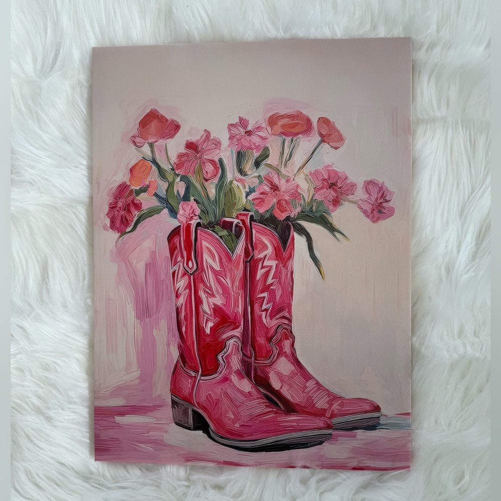 Pink Cowboy Boots Trendy Floral Art Print 12” X 16” Brand new